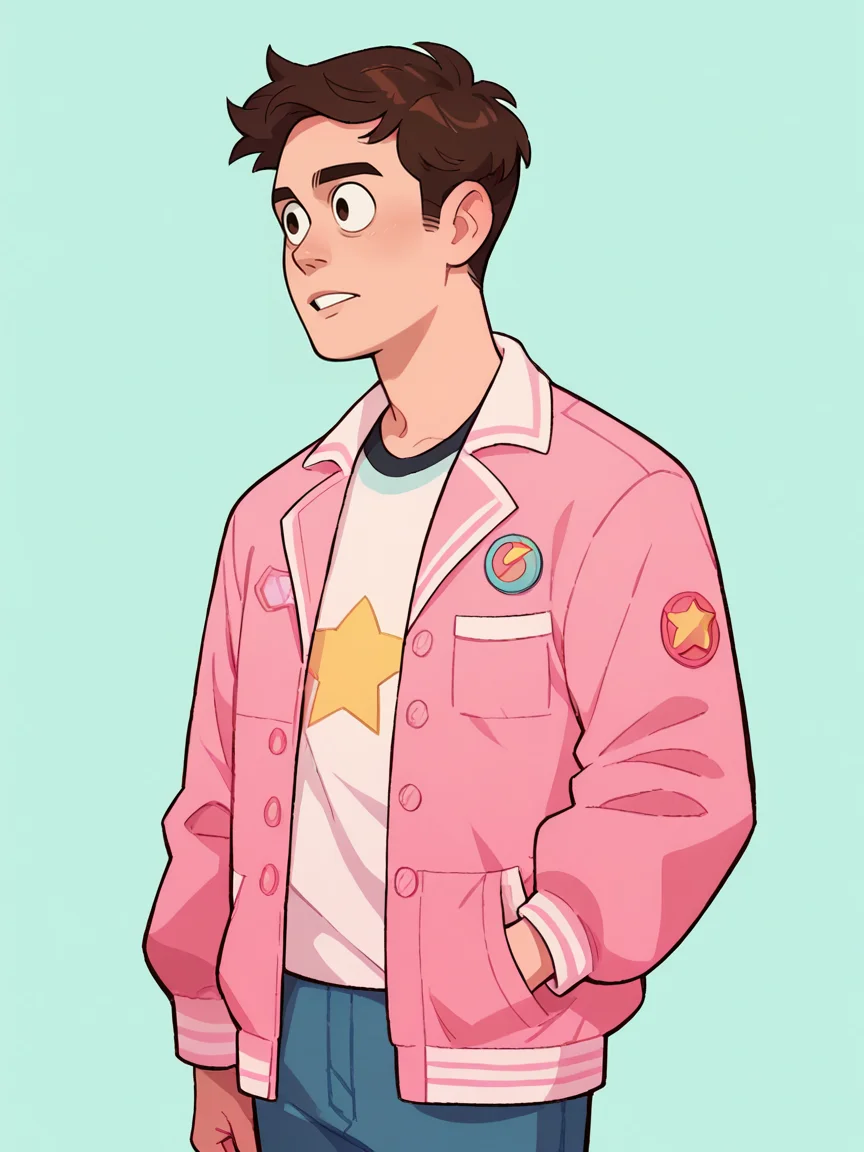 score_9, score_8_up, score_7_up, score_6_up, score_5_up, <lora:st3v3nXLP:1> st3v3n, 1boy, pink jacket, brown hair, solo