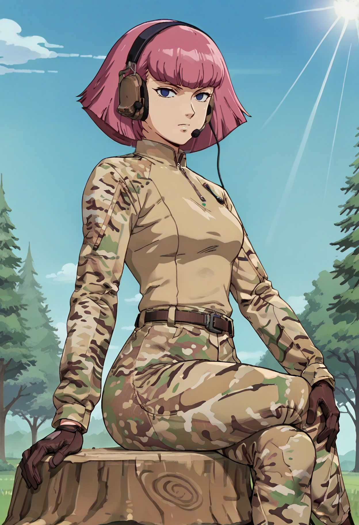 score_9, score_8_up, score_7_up, score_6_up, anime screencap, anime coloring,  <lora:HamanKarn:0.6>, HamanKarnDEF, pink hair, short hair, blue eyes, empty eyes, blunt bangs, medium breasts, thick thighs, 
<lora:G4MulticamUniform:0.8>, G4MulticamUniform, camouflage, long sleeves, camouflage pants, camouflage shirt, zipper, brown gloves, belt,
looking at viewer, comtac, brown headset, black hairband, sitting, crossed legs, tree stump, from side, 
BREAK, blue sky, grass, sunlight,