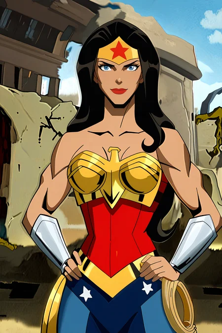 masterpiece, good quality, best quality, very awa, very as2, absurdres, highres 
<lora:Wonder Woman InjusticeilluLora:1>WonWomInjust, tanned, muscular female, long hair, black hair, golden Tiara, star (Symbol), blue eyes, bare shoulders, golden Breastplate, corset, vambraces, pants, boots, rope on hip, golden rope, cowboy shot, smile, battlefield, ruins