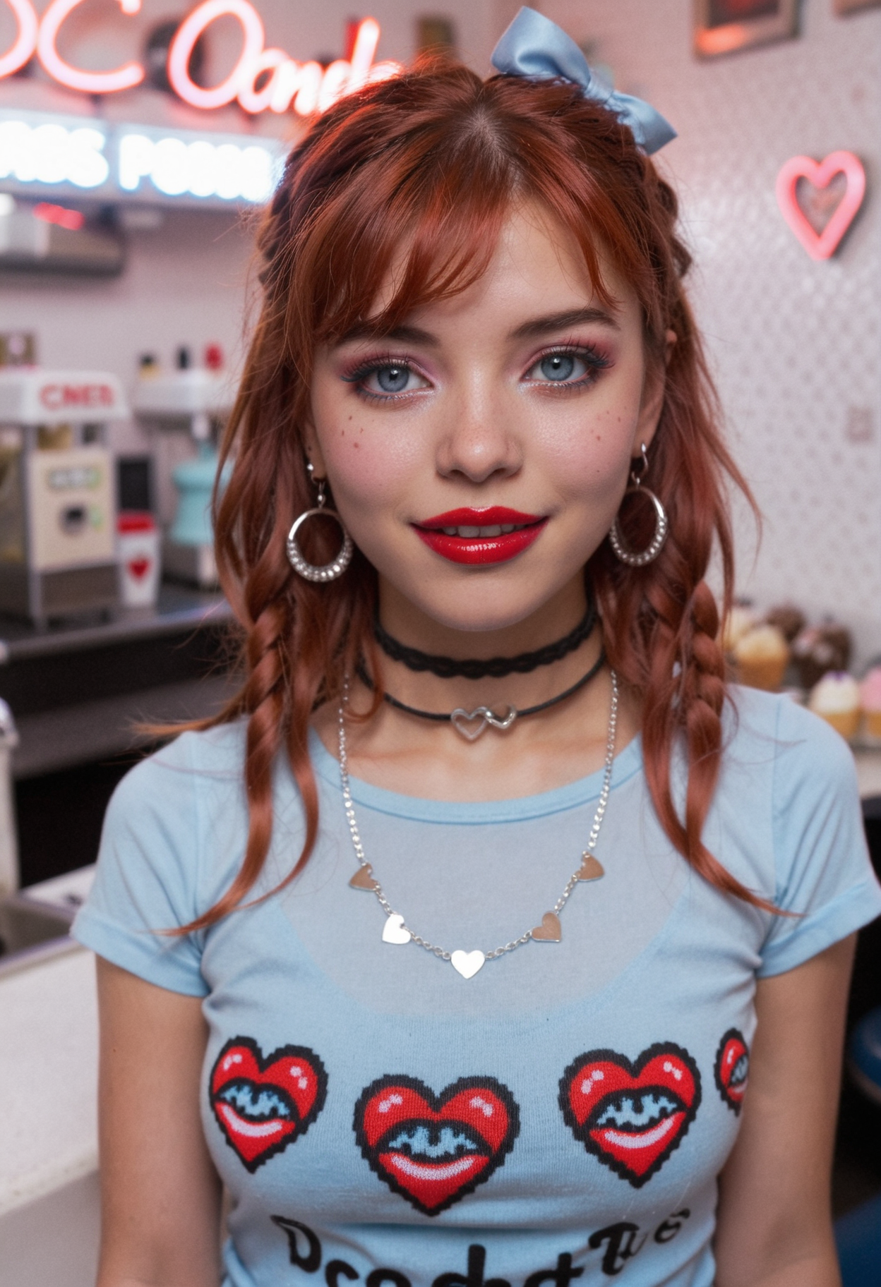cinematicportrait depicting slim colombian female, 20yo, with hypnotic light blue almond-shaped eyes and heart-shaped lips with a soft grin. She has textured red braided hair with bangs and emo-scene makeup featuring shades of red and bold eyeliner with glossy lipstick, wearing short sleeves linen graphic tee in a graphic print design, together with hoop earrings and a choker necklace. Set inside retro design diner in a 50s style with neon lighting, decorated with inviting mini cakes on the countertop, on a dark rainy spring night, with a toothy smile. With flash backlighting, dramatic, professional edit, best quality   <lora:dmd2_sdxl_4step_lora> <lora:xl_CinematicPortraitXL_v3>