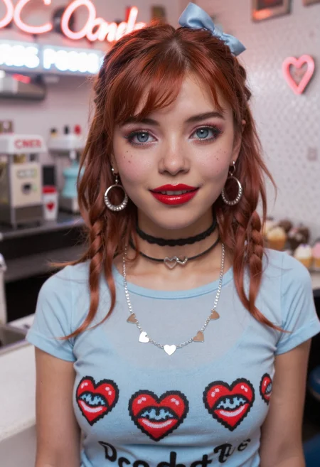 cinematicportrait depicting slim colombian female, 20yo, with hypnotic light blue almond-shaped eyes and heart-shaped lips with a soft grin. She has textured red braided hair with bangs and emo-scene makeup featuring shades of red and bold eyeliner with glossy lipstick, wearing short sleeves linen graphic tee in a graphic print design, together with hoop earrings and a choker necklace. Set inside retro design diner in a 50s style with neon lighting, decorated with inviting mini cakes on the countertop, on a dark rainy spring night, with a toothy smile. With flash backlighting, dramatic, professional edit, best quality <lora:dmd2_sdxl_4step_lora> <lora:xl_CinematicPortraitXL_v3>