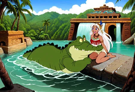 Tick tock crocodile,male animal focus,tail, crocodile , crocodile mouth open,smile ,green skin, blue eyes, Tick Tock the crocodile is giant and very huge size,teeth, swimming in water,Tick Tock the crocodile looking at a aztec young girl who she is her sitting on the canoe. Little_Girl_anime_manga,long hair,white
hair, dark-skinned female,the girl her very smal size, purple eyes, ancient aztec clothes,very_long_dress,chest_band, feather hair ornament, jewelry, dark skin, smile, necklace, bracelet, anklet, barefoot,open mouth,river,palm trees, jungle, village, temple,Disney, waterfall,anime, manga