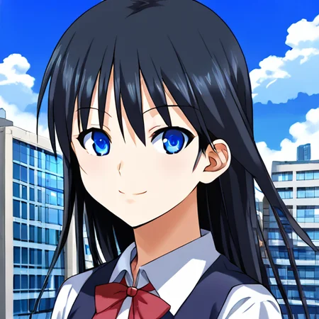 8k, highres, masterpiece, wallpaper, blue sky, city,  <lora:Masahiro_Kurokié»æ¨éå¼_Mahou_Shoujo_AiThunder_Clapsé­æ³å°å¥³ã¢ã¤ãµã³ãã¼ã¯ã©ããã¹_-_Artist_Style:1>,, source_anime,   1girl, solo, close up,  school girl, smiling, black hair, long hair,  blue  eyes,  detailed eyes,  portrait, close up, smile, kawaii, standing straight,