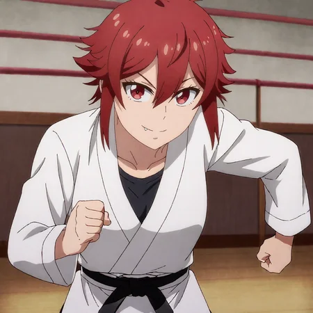 <lora:Tomo_pony_v1:.8>TomoKarate, 1girl, dougi, red hair, red eyes, fang out, short hair, hair between eyes, black belt, collarbone, long sleeves, martial arts belt, black shirt, shiny hair, cowboy shot