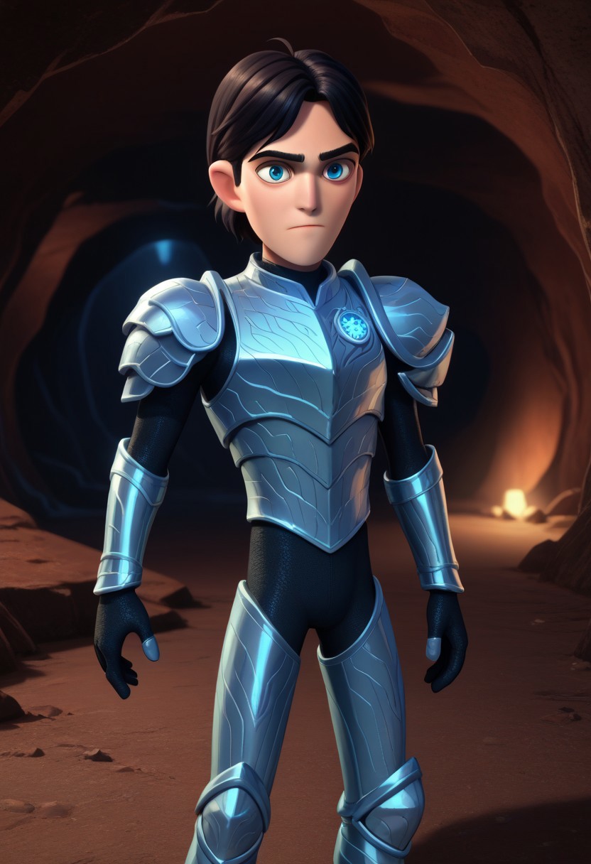 score_9, score_7_up, 
jimth, 1boy, male focus, solo, blue eyes, black hair, parted bangs, short hair, full armor, silver armor,
outdoor, cave,