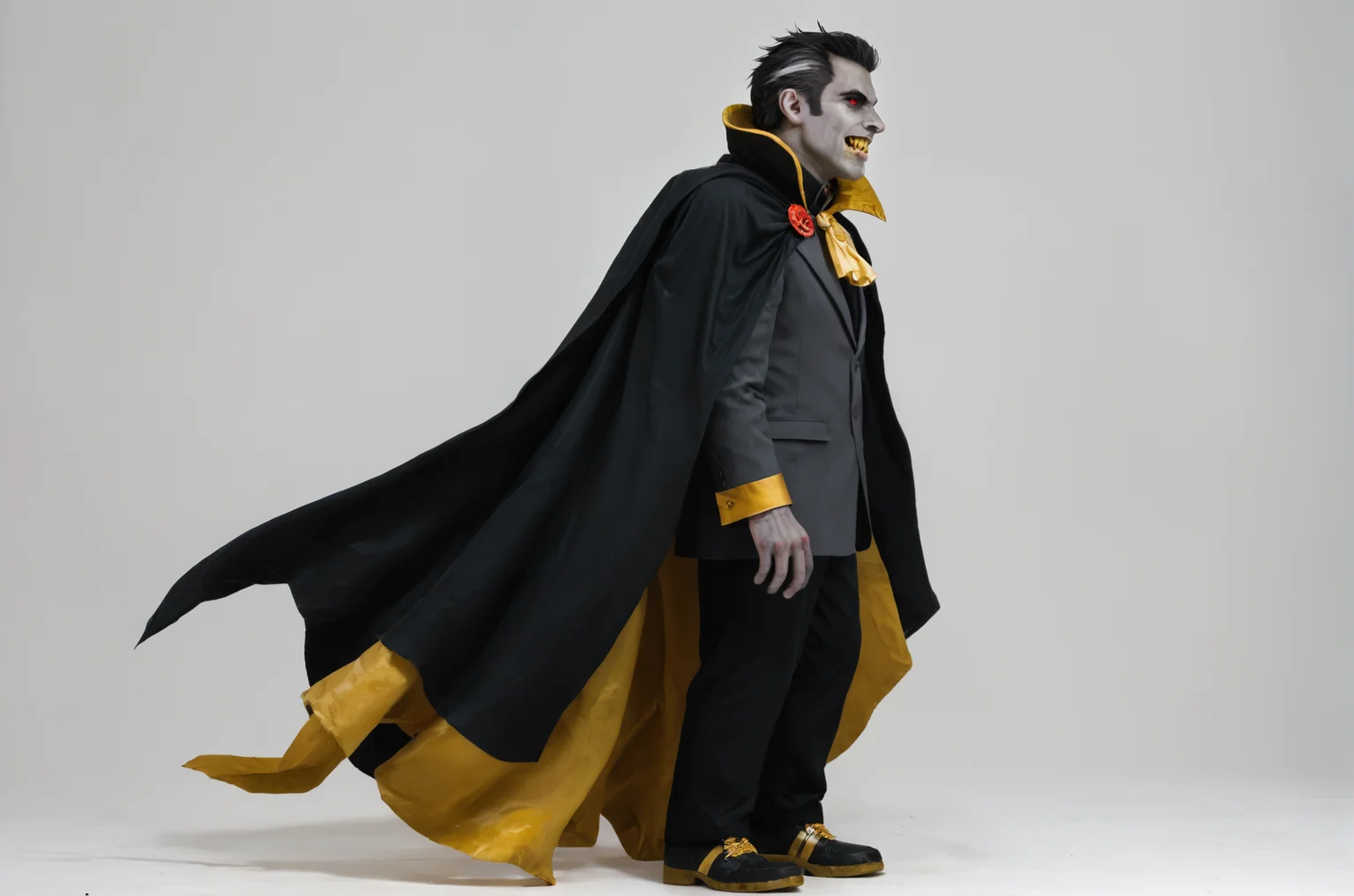 score_9, score_8_up, score_7_up, BREAK,
heroes2, from side, three-quarter view, vampire, 1boy, male, solo, full body, standing, black cloak, (yellow accents:1.2), grey skin, black hair, white background, red eyes, black cape, black pants, black suit, black dress shoes, high collar, grey streak, yellow fangs, long fangs,
, <lora:HoMMv6_S98:1>,