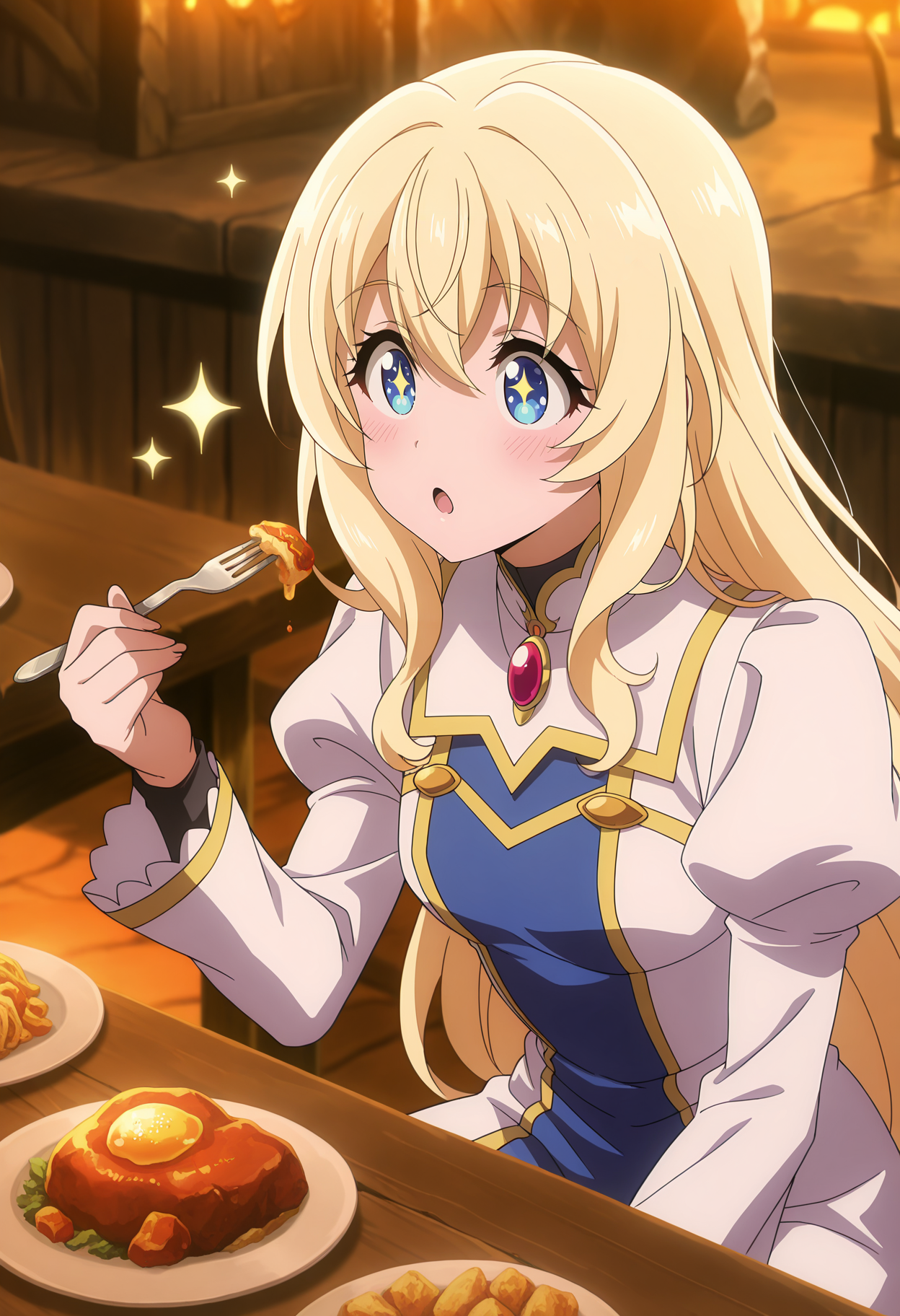 anime screencap, masterpiece, best quality,
<lora:GoblinSlayer_Priestess_IlluXL:0.9>,
1girl, solo, open mouth, :O, blush, sparkle eyes,
long hair, hair between eyes, blonde hair, blue eyes,
multicolored dress, white dress, blue dress, red brooch, juliet sleeves,
holding fork, plate, food,
sitting,
blurry background, indoors, tavern, table, sunset