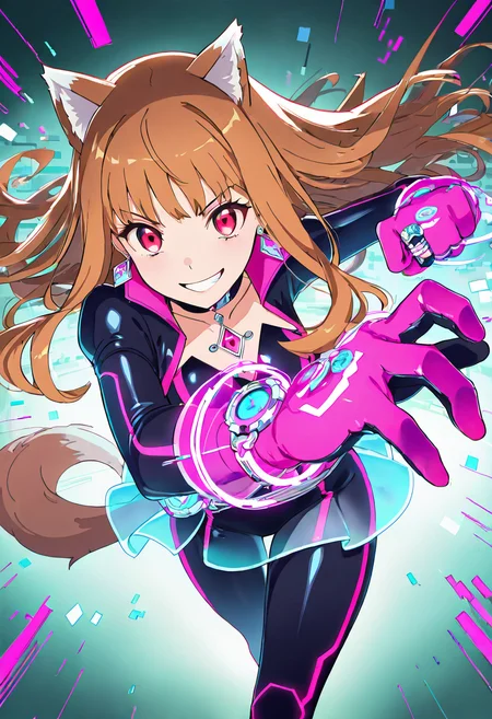 masterpiece, best quality, 1girl, solo, eyelashes, (beautiful eyes), dynamic pose, foreshortening, smile, looking at viewer,   [Quantum Hacker Idol], glitch bodysuit, semi-transparent skirt, digital choker, circuit-line tights, neon gloves, data-ring earrings, holo mic, corrupted background, glitch effects, mischievous grin,