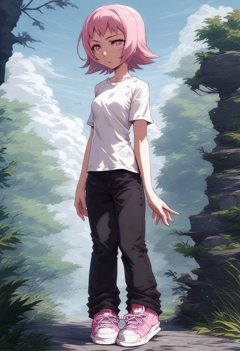,score_9, score_8_up, score_7_up, score_6_up, score_5_up,(solo:1.9),1girl, 
BREAK
Tamao Tamamura , pink hair, pink eyes, short hair, (small breasts),white shirt,short sleeves,black pants, pink sneakers,Standing, 
BREAK
Prades blue sky