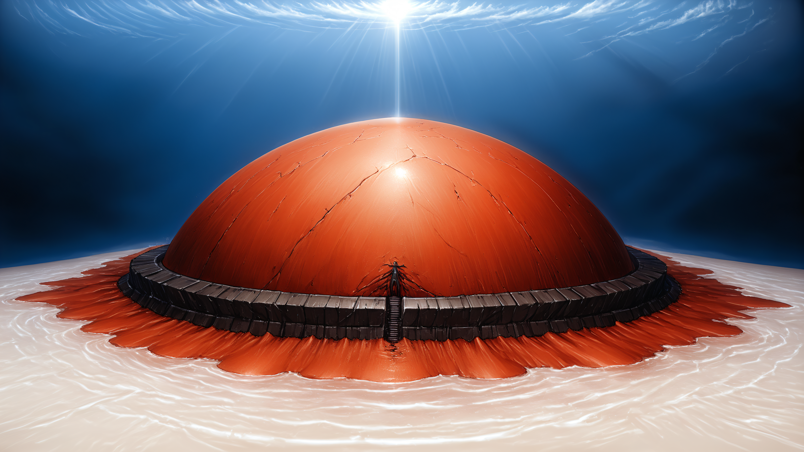 please generate a black and red sandy tundra with a forlorn airport with a Detailed sky and In-depth ocean by ( art by fumio (rsqkr) ) , ,