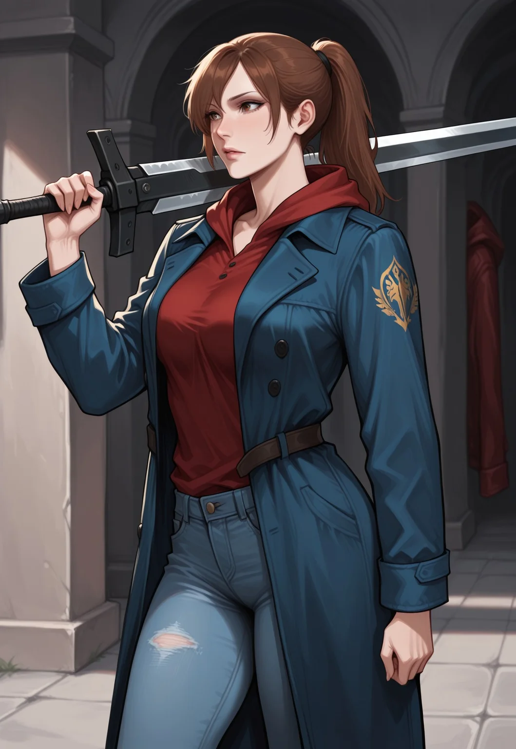masterpiece, best quality, detailed, realistic, cowboy shot, 1girl, solo, kyriedmc, brown hair, long hair, brown eyes, ponytail, blue trench coat, red hood, hood down, red shirt, denim, jeans, holding weapon over shoulder, broadsword,