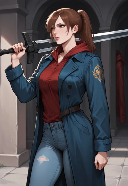 masterpiece, best quality, detailed, realistic, cowboy shot, 1girl, solo, kyriedmc, brown hair, long hair, brown eyes, ponytail, blue trench coat, red hood, hood down, red shirt, denim, jeans, holding weapon over shoulder, broadsword,