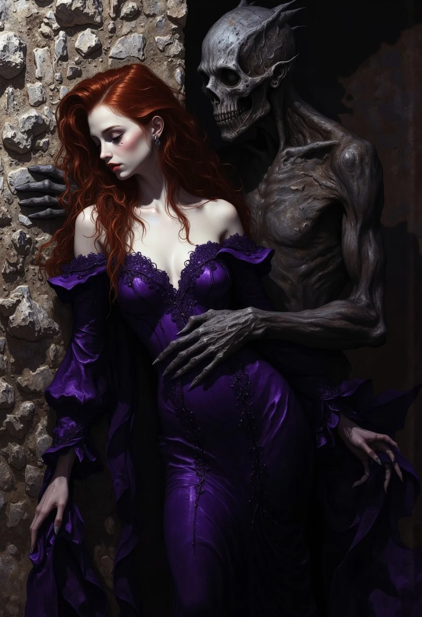 A dark and seductive scene of a woman leaning against a rough, textured stone wall, her body partially embraced by a shadowy, stone-like figure emerging from the surface. The woman has long, auburn hair cascading over her shoulders, and her expression conveys a mix of fear, surrender, and allure. She wears a deep purple, off-shoulder gown with lace details, tightly fitted to accentuate her curves. The gown features a plunging neckline and flowing sleeves, adding to her sensual and mysterious appearance. The stone figure, with a humanoid but grotesque form, appears as though carved from the wall itself, its hands draped possessively over her shoulders and waist, merging seamlessly into the backdrop. The lighting is dramatic, with dim, moody tones that highlight the textures of the stone wall and her glowing skin, casting long shadows to create an eerie atmosphere. The background is minimal but textured, emphasizing the rough stone surface and the interplay of light and darkness. The overall mood is haunting, sensual, and surreal, blending themes of captivity and forbidden intimacy. Art style: hyper-realistic with intricate textures, soft lighting, and a cinematic quality.