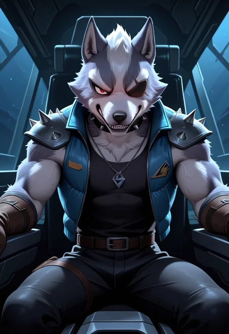 masterpiece, best quality, amazing quality, very aesthetic, absurdres, newest, high quality, detailed, male, solo male, WolfODonnell, 1boy, broad shoulders, mature male, red eyes, athletic build, animal ears, wolf, scruffy, anthro, anthro male, gray fur, eyepatch on left eye, black tank top, blue sleeveless jacket, black choker collar, necklace, black pants, spiked shoulder pads, half body, looking at viewer, grinning, smug, indoors, volumetric lighting, detailed face, detailed eyes, sitting in cockpit