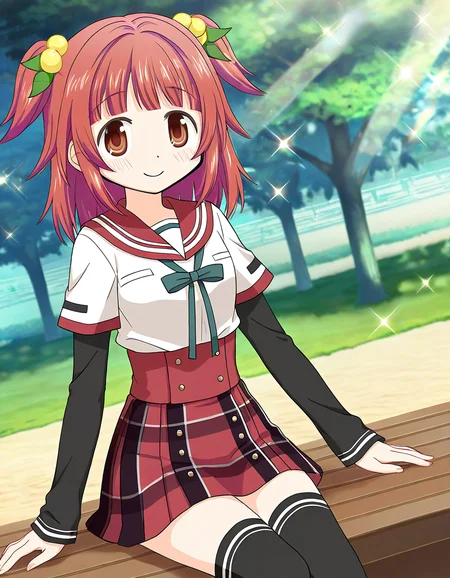 masterpiece, best quality, newest, absurdres, highres, safe, 1girl, akino kaede \(school uniform\), magia record: mahou shoujo madoka magica gaiden, black thighhighs, solo, smile, outdoors, dutch angle, <lora:akino_kaede_noobaiXLNAIXL_vPred10Version:0.7>