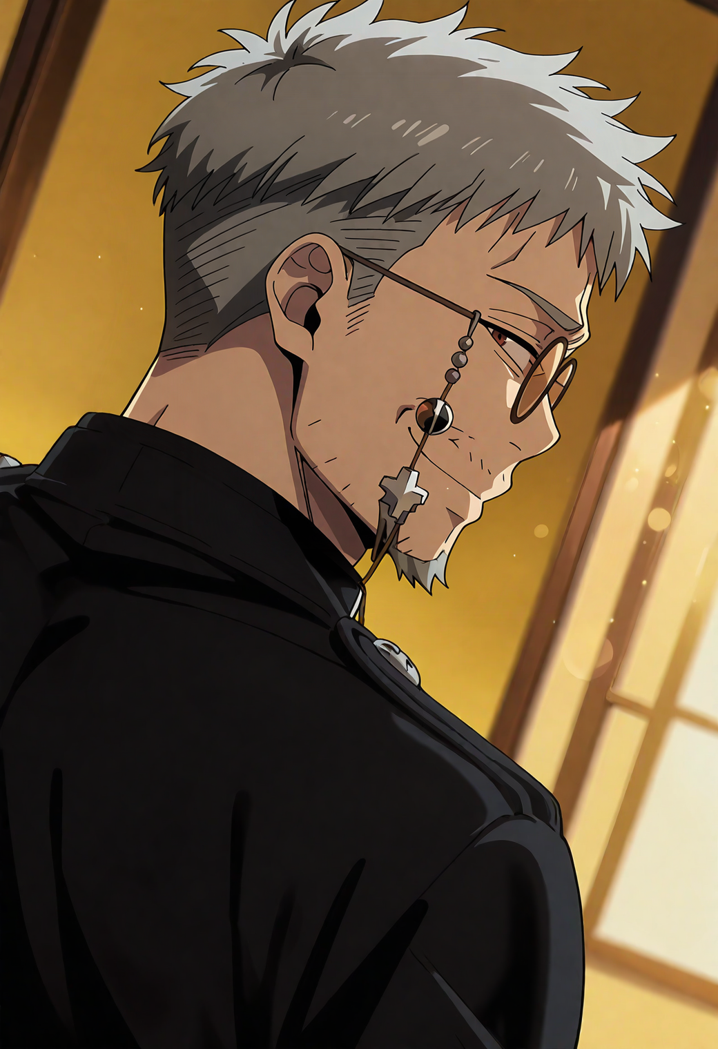<lora:Fujimoto_Shiro_Blue_Exorcist__Ao_No_Exorcist__éã®ç¥é­å¸«:1>,fsh1r0,gray_fsh1r0_sh1r0_hair,red_fsh1r0_eyes,1boy,male focus,solo,undercut,
fsh1r0_round_glasses,
mature male,goatee,stubble,mustache,
from behind,looking back,smile,bloom,high contrast,visual effects,upper body,
dutch angle,depth of field,
masterpiece,very awa,best quality,amazing quality,absurdres,absurd res,hires,highres