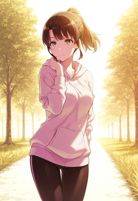 safe_pos, safe_pos, masterpiece, best quality, 1girl,Megumi <lora:IL-KatoMegumi:0.8>,brown hair,katou megumi,brown eyes,medium breasts, short hair, ponytail, medium breasts, masterpiece, best quality, sporty theme, early morning jogging trail surrounded by trees, wearing a stylish workout outfit (black leggings and a light pink hoodie), bright and energetic expression, golden sunlight streaming through the trees, dewy grass lining the path, soft wind brushing her hair, vibrant color palette, dynamic mid-run pose, slightly tilted angle for an active and lively atmosphere,((eye fix))