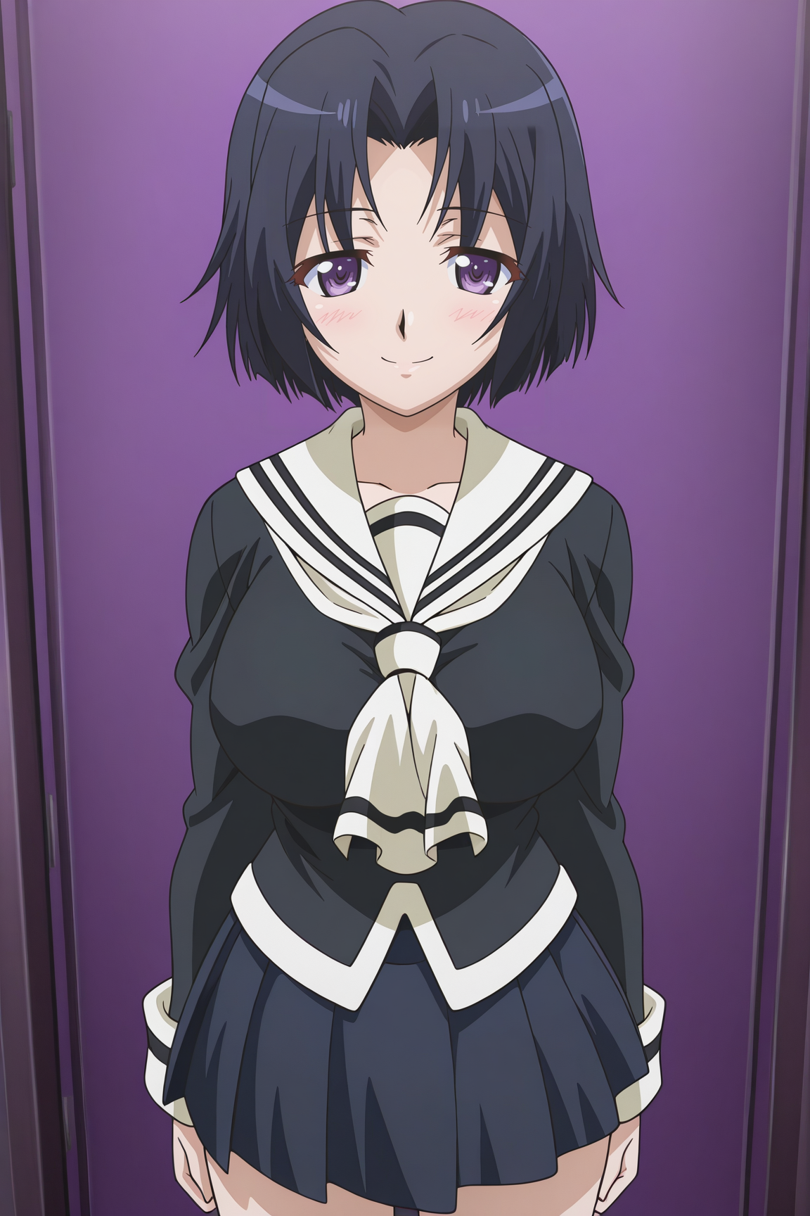masterpiece, best quality, absurdres, highres, source anime, very aesthetic, very awa, BREAK, anime coloring, anime screencap,
<lora:swing_out_sisters_v1-illustrious_r1:1>, 1girl, chiyo \(swing out sisters\), purple eyes, black hair, short hair, large breasts,
BREAK, looking at viewer, smile,
BREAK,   school uniform, miniskirt,