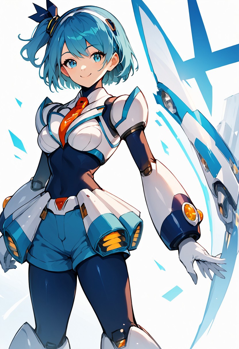 score_9, score_8_up, score_7_up, score_6_up, score_5_up, score_4_up, masterpiece, anime_lineart anime coloring, solo, medium thighs, thin waist, medium breasts, White background, RicoRMXDive, Blue hair, blue eyes, short hair, one side up, , Android, blue bodysuit, shorts, smile