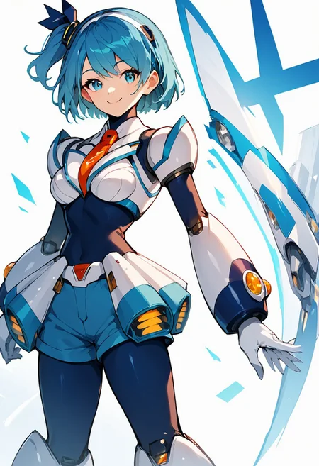 score_9, score_8_up, score_7_up, score_6_up, score_5_up, score_4_up, masterpiece, anime_lineart anime coloring, solo, medium thighs, thin waist, medium breasts, White background, RicoRMXDive, Blue hair, blue eyes, short hair, one side up, , Android, blue bodysuit, shorts, smile