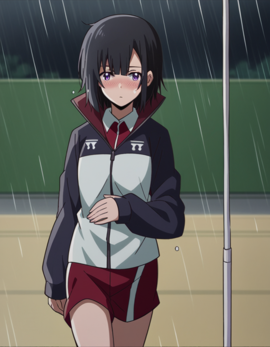 score_9, score_8_up, score_7_up, source_anime, <lora:yuika-shiwahime-s1-ponyxl-lora-nochekaiser:1>, yuika shiwahime, short hair, black hair, purple eyes,, shirt, jacket, necktie, shorts, sleeves past wrists, track jacket,, rainy day, umbrella, walking home, puddles, wet hair, , , hand on stomach, blush,, solo,, dutch angle, cowboy shot