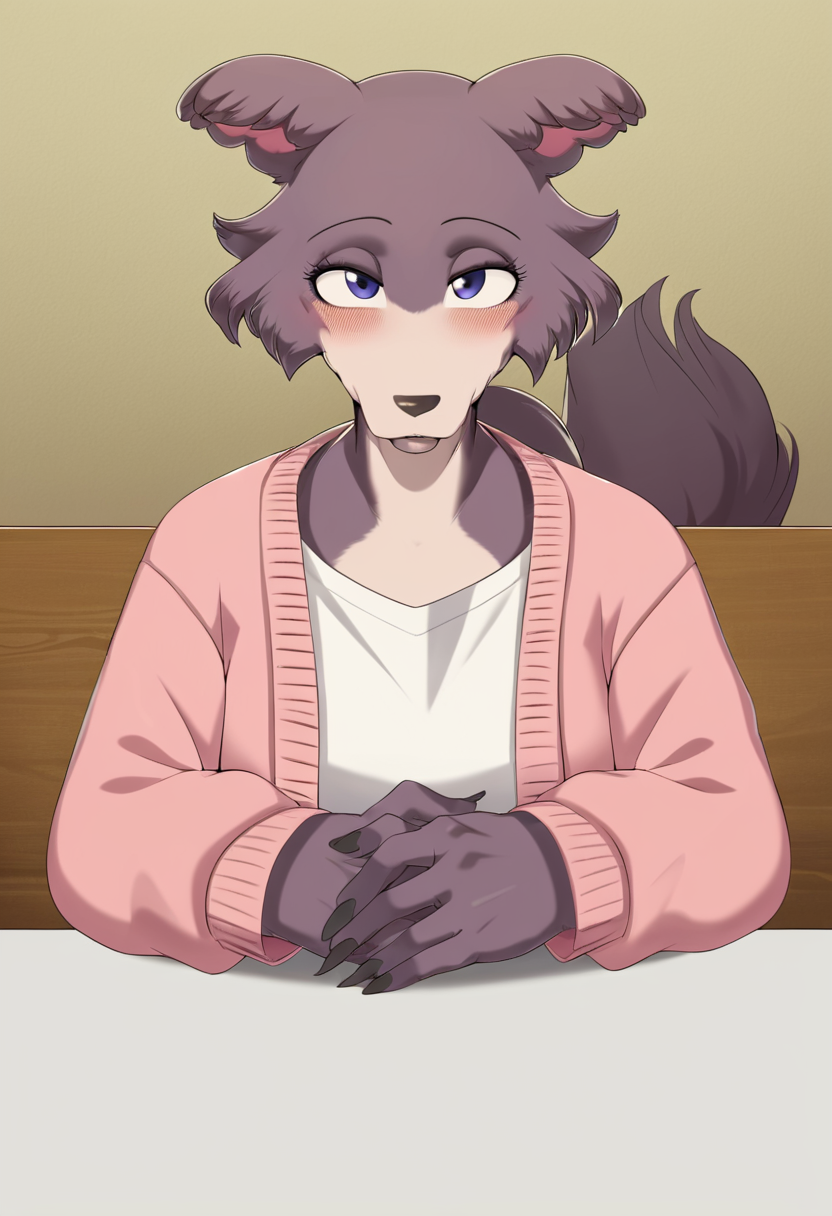 zPDXL, score_9_up, score_8_up,_7_up, score_6_up, score_5_up, score_4_up ,source_furry, best quality, amazing quality, masterpiece, 1girl, looking at viewer, solo, close, face focus, upper body, cute, blush, seductive smile, cute pose, outoors, cafe, sitting at the table, juno, wolf girl, brown-purple fur, blue eyes, wolf tail, pink cardigan, white t-shirt, green pants, <lora:JunoUpdated:0.8>, cervina7, <lora:Cervina7:1>