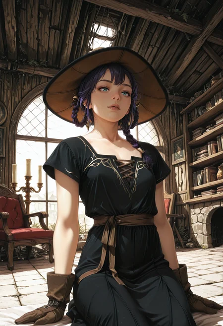 very awa, lineart, flat_colors, anime_coloring, [sei shoujo], [yoshiten], style parody, [bang dream!], [arcane: league of legends], [league of legends], (dynamic angle:1.3), (cowboy shot:1.2) BREAK 1girl, solo, <lora:human:0.7> human, asian appearance, deep indigo hair, braided hair_rings hair, aqua eyes, (beige skin:1.2), muscular body, narrow hips, flat chested, perfect hands, dark lips, (calm), BREAK wearing (detailed pastel black satin tunic), triangle back, mittens, spats, gaiters, suede frilled hat BREAK medieval, fantasy, indoors, comfortable house, (wood walls), stone floors, library, candelabra, round windows, rural ruins outside window, shelves,bookcases, sitting, seiza , arms at side, on chair, arm chair, cool light, dynamic lighting BREAK <lora:Expression_Detailer_Illustrious_Lora:0.7> <lora:DarkerThanDarkIllustriousV1:0.5> <lora:Haibane_Renmei_Style_Illu_Edition:0.8> HR-Illu