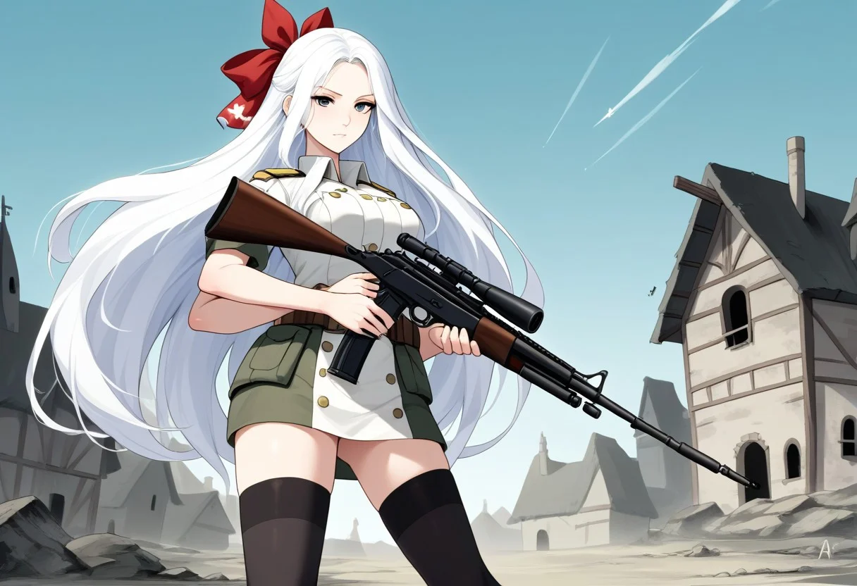 Standard army set, with camuplage,long flowing white hair that reached down to her hips ,hair tip ribbon,black thighhighs which add touch elegence,she standing with on legs slightly bent , battle skirt,thighhighs,(two arm position holding one assault riffle:1.4), weapon ,deserted town, cleavege ,gun shooting pose