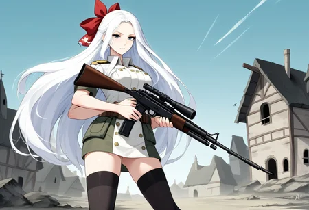 Standard army set, with camuplage,long flowing white hair that reached down to her hips ,hair tip ribbon,black thighhighs which add touch elegence,she standing with on legs slightly bent , battle skirt,thighhighs,(two arm position holding one assault riffle:1.4), weapon ,deserted town, cleavege ,gun shooting pose