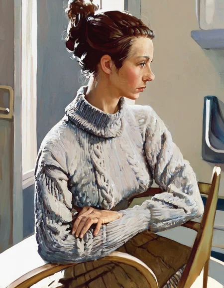 score_9, score_8_up, score_7_up, score_6_up, score_5_up, score_4_up, norman rockwell style BREAK 1girl, solo, sitting on chair at kitchen table, shoulder-length hair, updo, long sleeve sweater, long skirt, arms crossed, close up, detailed, looking to the side