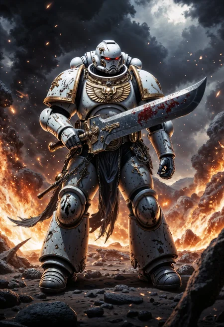 WhiteS40K, large space marine standing with a giant sword, explosions in the background, epic action scene, movie still, <lora:FluxWhiteS40K:1> <lora:aidmaGLOWV4wc:0.5> aidmaGlow <lora:aidmaMJ6.1:0.5> aidmaMJ6.1 <lora:fluxenhancer:0.5>