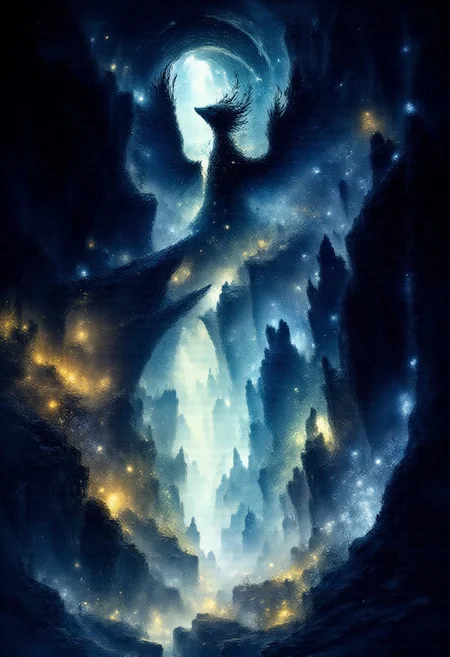 High Resolution, High quality, Detailed vector illustration, detailed, DreamArt, Studio Ghibli Dark Fairytale, smlstxtr, Black phoenix with fluorescent blue tones in the center of the image, behind it a planet and in the area, a magical valley with dark tones illuminated by the light emitted by the phoenix, it has several plants which are luminescent, in the middle of the valley there is a river from which a little steam emanates. Surreal and abstract digital painting.