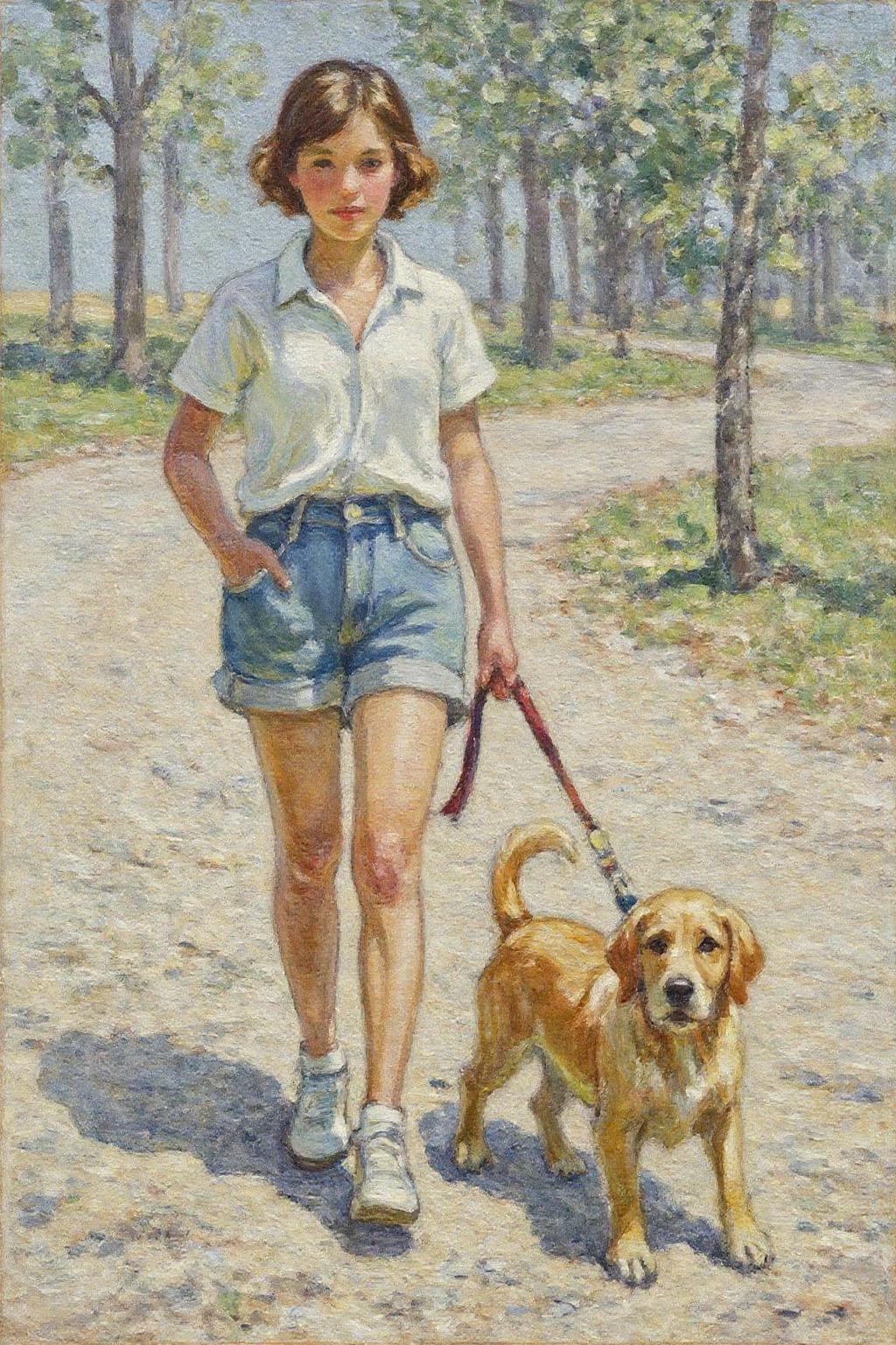 dorotheasharp1 painting. 
A young woman, wearing a white short-sleeved shirt and short jean shorts, walking a golden retriever, one hand in her pocket, the other holding the dog leash. <lora:dorotheasharp1_f16:1.0><lora:867748763186268716:0>