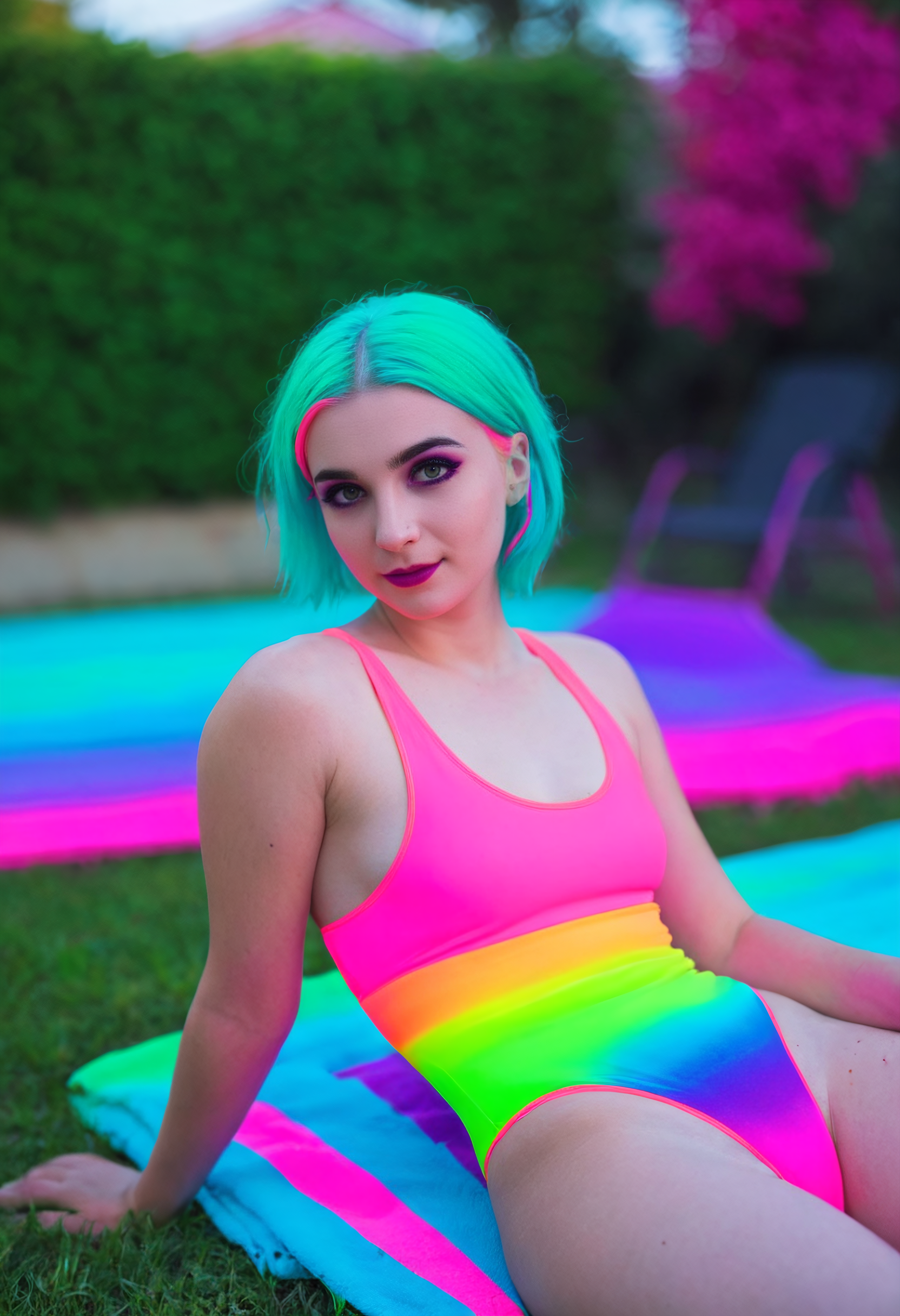 1girl, photo of a cute girl, neon color hair, dark makeup, lounging on a towel in the backyard, wearing a neon color swimsuit, neon pastel colors catching in soft focus, arm support, looking at viewer, flirty, background blur capturing suburban stillness, Canon 50mm lens, cinematic depth,