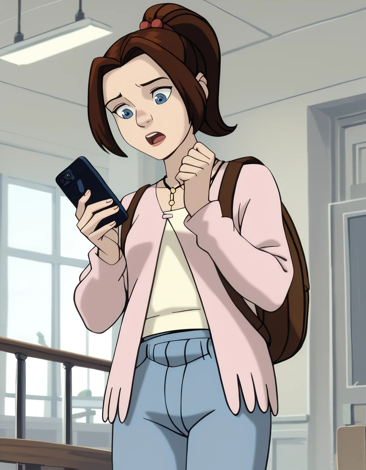 score_9, score_8_up, score_7_up, <lora:ktprd-xl-v3-32-10:1> ktprd, high ponytail, blue eyes,
cord y-necklace, pink one-button cardigan, cream t-shirt, denim capri pants, backpack,
1girl, solo, surprised, looking at phone, looking down, indoors