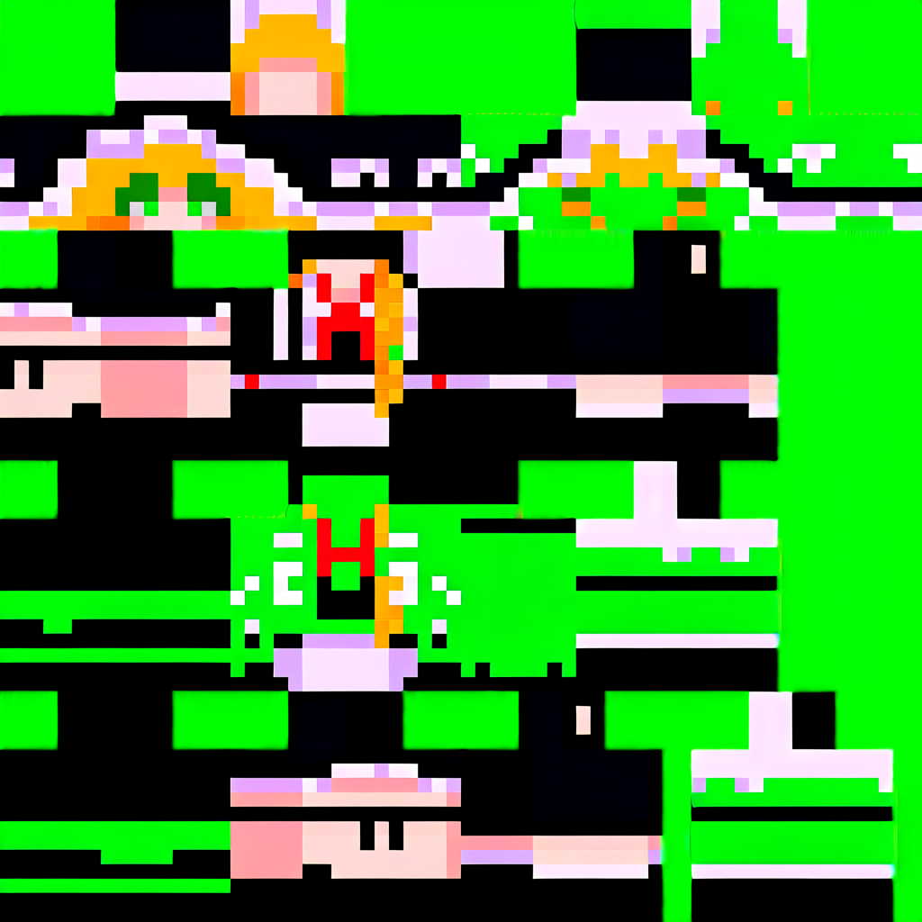(minecraftskin, 1girl, solo, simple background, green background, full body:1.4), no mouth, no lineart, standing, touhou, kirisame marisa, apron, black hat, black skirt, black vest, blonde hair, bow, braid, frilled apron, frilled hat, frills, green eyes, hair bow, hat, hat bow, looking at viewer, neck ribbon, puffy short sleeves, puffy sleeves, red ribbon, ribbon, shirt, short hair, short sleeves, single braid, skirt, skirt set, vest, waist apron, white apron, white bow, white shirt, witch hat, wrist cuffs, 
masterpiece, best quality, absurdres