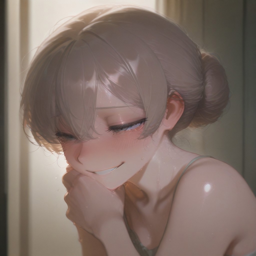 1girl, solo, sad, smile, tear, sweat, shameful, blush, masterpiece, best quality, updo hair