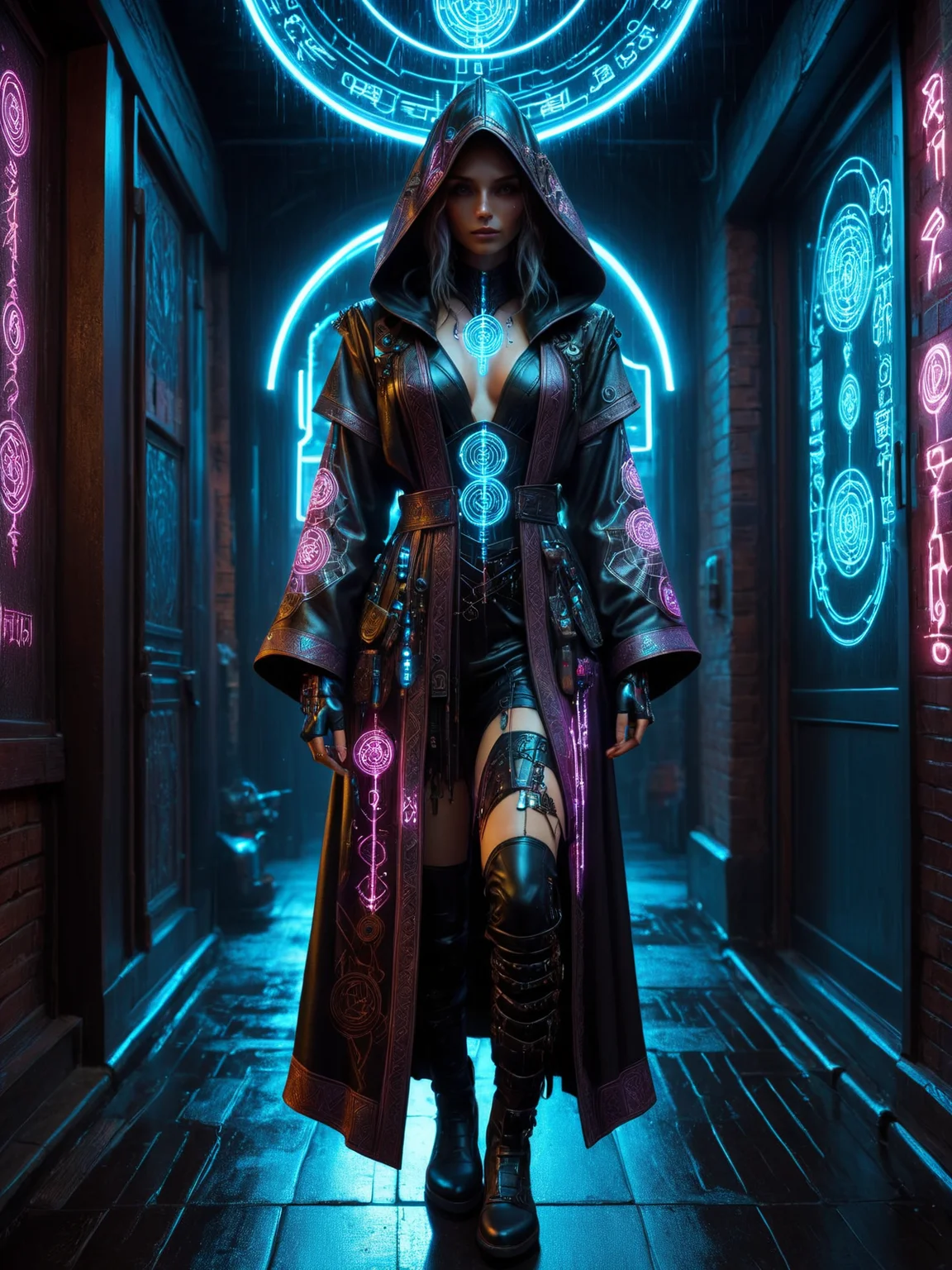woman, cyberpunk, hermeticwizard, intricately ornated robe, hooded leather robe, runes, magic, neon light, Standing in the doorway pose, night, rain, cyberpunk street in the background <lora:Cyberpunk_Techno-Mages_SDXL:0.8>, (masterpiece:1.2), best quality
