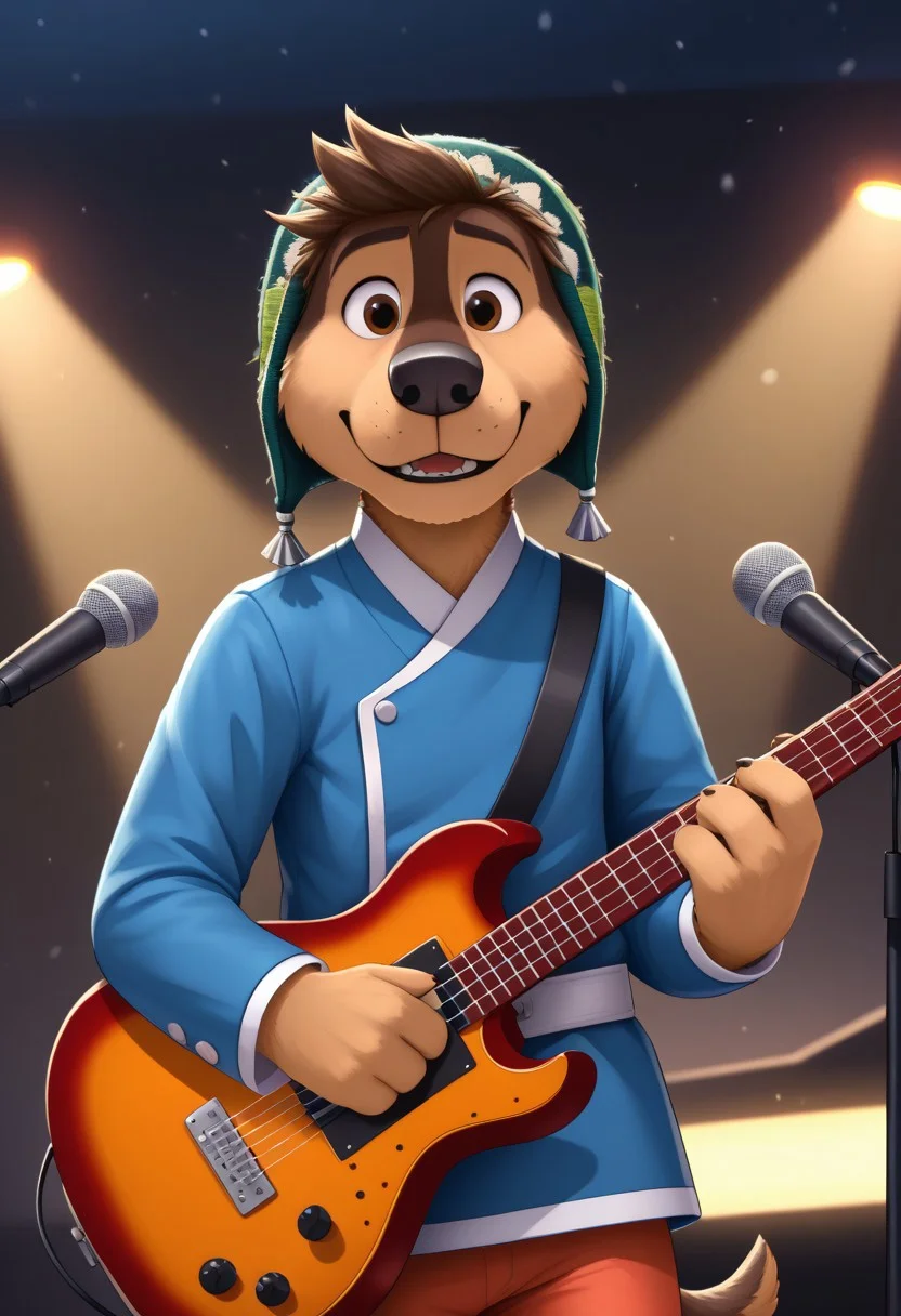 score_9, score_8_up, score_7_up, cartoon_style, ((by BodiPhant0m)), byBodiRDz, 4k, 8k, The best quality, very well drawn, detailed,
high quality, detailed, 4k, high resolution, high quality, high resolution, outdoors, furry character, canine, 2d, solo, 
rockdog, bodi, style rock dog, movie style, style[rockdog], rockdog, male, tibetan mastiff, mastif, dog boy, dog, bodi, Tibetan Mastiff with brown-and-tan fur with tan fur on his muzzle, hands and feet black nose, brown eyes and black trimmed claws, blue Tibetan jacket with a white trim, white cuffs and a white belt, red-orange pants with white cuffs and a green Tibetan beanie cap with locks of his mane poking out from the front,
teeth, blurry background, furry, spotlight, dog, music, guitar, furry_male, playing_instrument, holding instrument, instrument, microphone, furry, dog tail, guitar, microphone_stand, concert,
(sexy), naked, exposed, easynegative, Split Lighting style, partially covered in shadow,
blue fire of the soul, blue light on the strings from the light of the soul of music, praktekly, particles of music notes, fire in the soul, energy of music, blue light