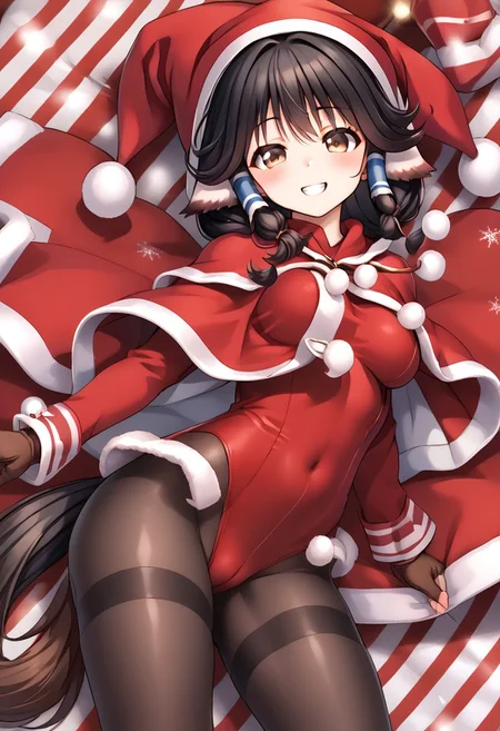 score 9, score 8 up, score 7 up, rating questionable, detailed background, <lora:aruruu.:1>, aruruu,score 9, score 8 up, score 7 up, rating questionable, detailed background, <lora:aruruu.pony:1>, aruruu, santa, medium breasts, wide hips, leggings, argyle, half-closed eyes, heavy blush, grin,
 santa, medium breasts, wide hips, black hair, brown eyes, tail, thighband pantyhose, pantyhose, christmas, brown gloves, pom pom clothes, hair tubes, fur trim, black pantyhose, red leotard, red dress, capelet, skin tight, striped
