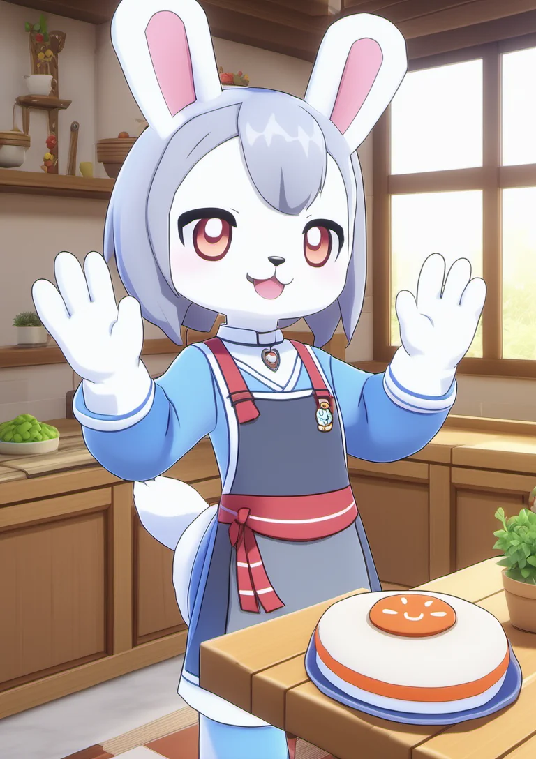 1girl, nelz03, apron, long sleeves, indoors, beret, light smile, waving, pawpads, <lora:0_GI_Mels_All_In_One_00_00_002:0.7>
