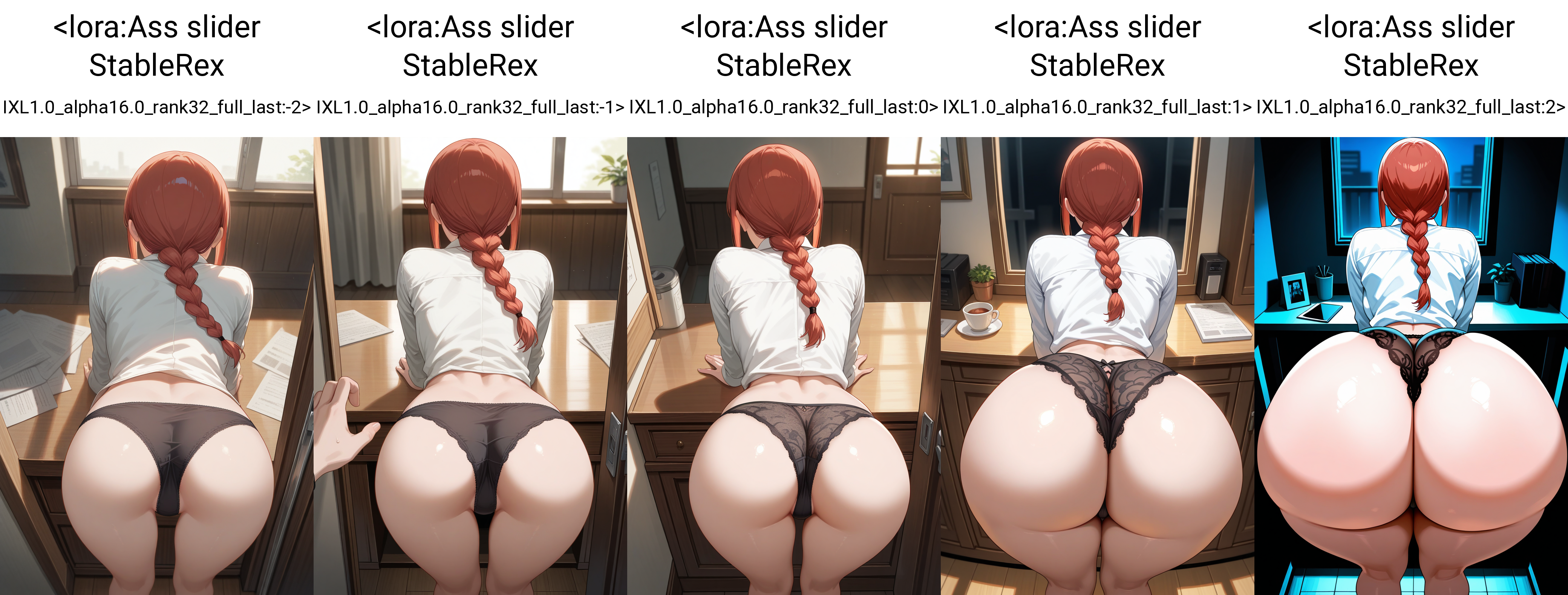 masterpiece, best quality, 1girl,  ass, standing, bent over, makima \(chainsaw man\), indoors, pov, no pants,  black panties,    <lora:Ass slider StableRex IXL1.0_alpha16.0_rank32_full_last:-2>