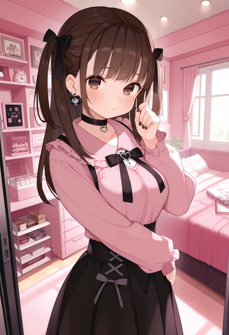 (best quality , masterpiece, good quality), very aesthetic, absurdres, general, sfw, 1girl, solo, brown hair, two side up, brown eyes, jirai kei, choker, indoors, loaded interior, gaoustyle, <lora:gaoustyle_ilxl:1>,