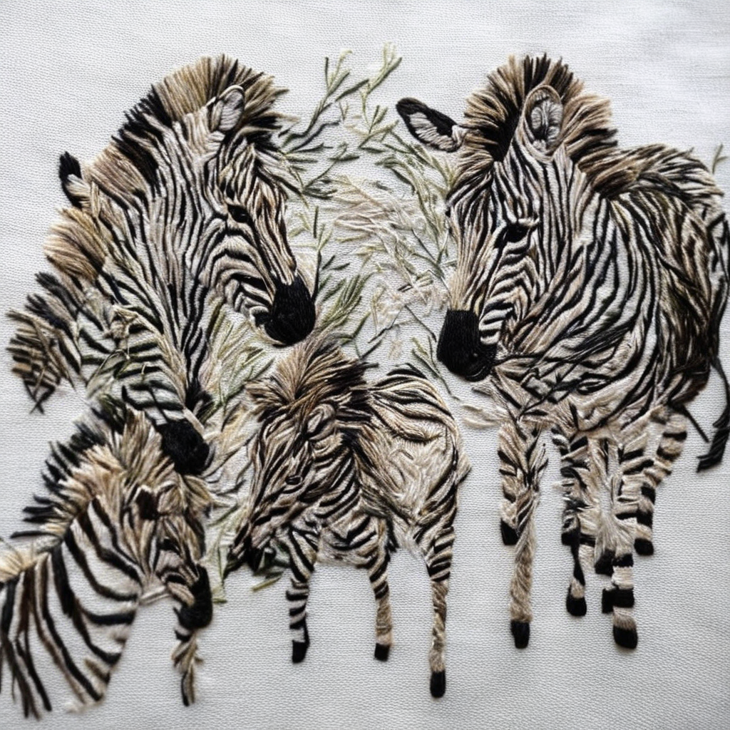 <lora:SDXL_embroidery_Sa_May_V8:1>  embroidery,  Zebras close-up, minimalist black line art, very detailed