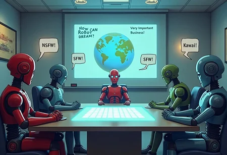 A highly important meeting room scene with 3 robots, 1 human, and 1 cyborg gathered around a large table. In the center of the table, a holographic image of Earth is projected. On the whiteboard behind them, the phrases 'How Can Robots Dream?' and 'Very Important Business!' are written in bold letters. The red robot is seated at the table with a speech bubble above its head saying 'NSFW,' while the green robot has a speech bubble saying 'SFW!' The blue robot has a speech bubble above it saying 'Kawaii!' The atmosphere feels futuristic and serious, blending humor and intensity. The overall environment combines elements of sci-fi technology with a high-stakes business meeting vibe.