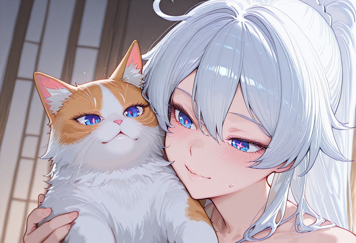 masterpiece, best quality, highres, absurdres, amazing quality, high resolution, KiaKaBum, high ponytail, kiana kaslana, white hair, long hair, blue eyes, symbol-shaped pupils,1girl, holding a cat,
