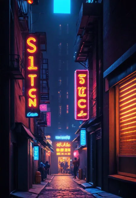 Late night in the street of a neon-lit city