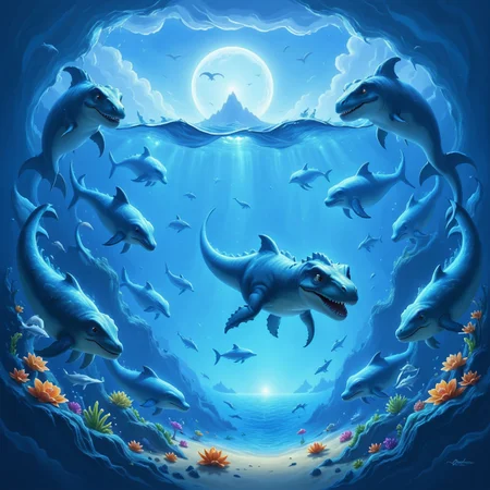 blue light, two tail, tiny t-rex swims in the middle of the sea with dolphins, in ocxdjm style