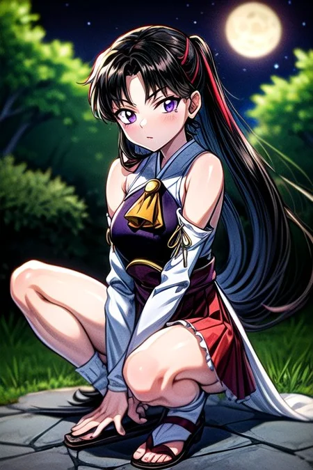 masterpiece, best quality 1girl Setsun4 solo long hair, (night time) forest background black hair very long hair purple eyes multicolored hair armor (fur trim) (medium body),<lora:EMS-179-EMS:0.800000>,<lora:EMS-293862-EMS:0.800000>ascot, bare shoulders, black footwear, detached sleeves, embellished costume, frills, japanese clothes, nontraditional miko, red skirt, sandals, sarashi, skirt, socks, armor, miko