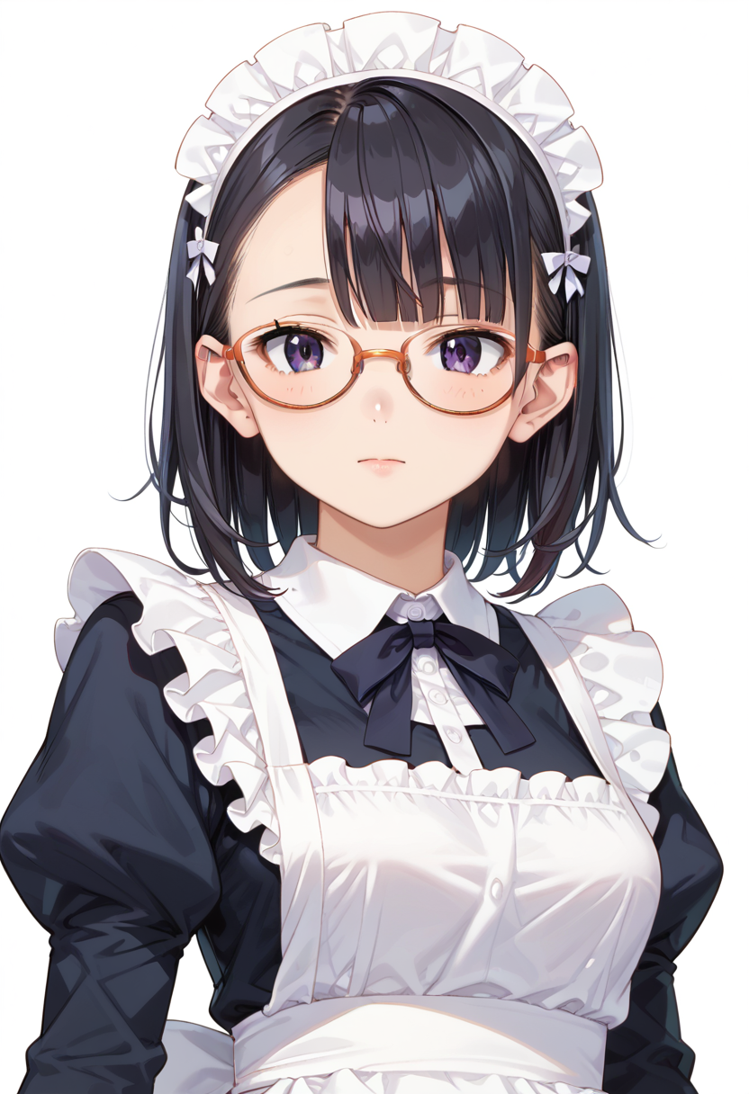 score_9, score_8_up, score_7_up, rating_safe, masterpiece, best quality, absurdres, unity 8k wallpaper, official art, official style, source_anime, uncensored, game cg, megami magazine,
1girl, solo, black hair, medium hair, upper body, covered eyes,maid, maid headdress, black dress, maid apron, face focus,
oval_metal, glasses, still life, white background, simple background, orange-framed eyewear,
 <lora:glasses_OvalMetal2_PONY_V1:1>